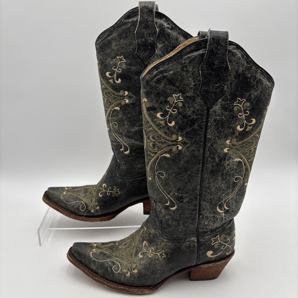 Circle G Cowboy Boots Corral Embroidered Womens 7M Distressed Mexico Gray Green
